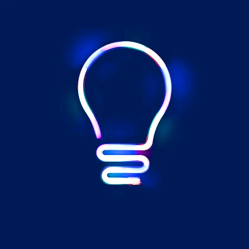 Neon glowing light bulb icon on dark blue background