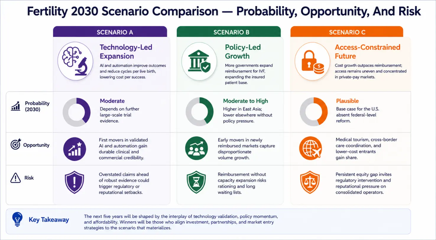 Fertility 2030 scenario planning chart comparing technology-led expansion policy-led growth and access-constrained future scenarios