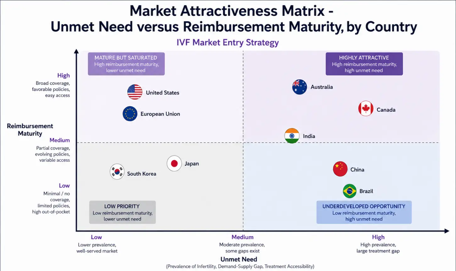 Fertility market attractiveness matrix comparing unmet need and reimbursement maturity across countries for IVF market entry strategy