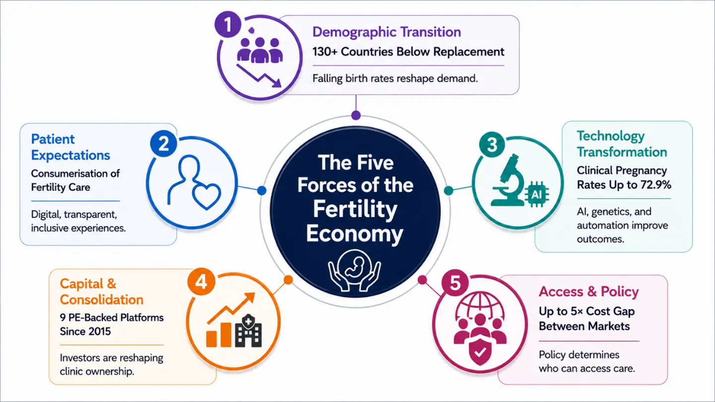 Five Forces of the Fertility Economy framework diagram: demographic transition, patient expectations, technology, capital consolidation, and access policy