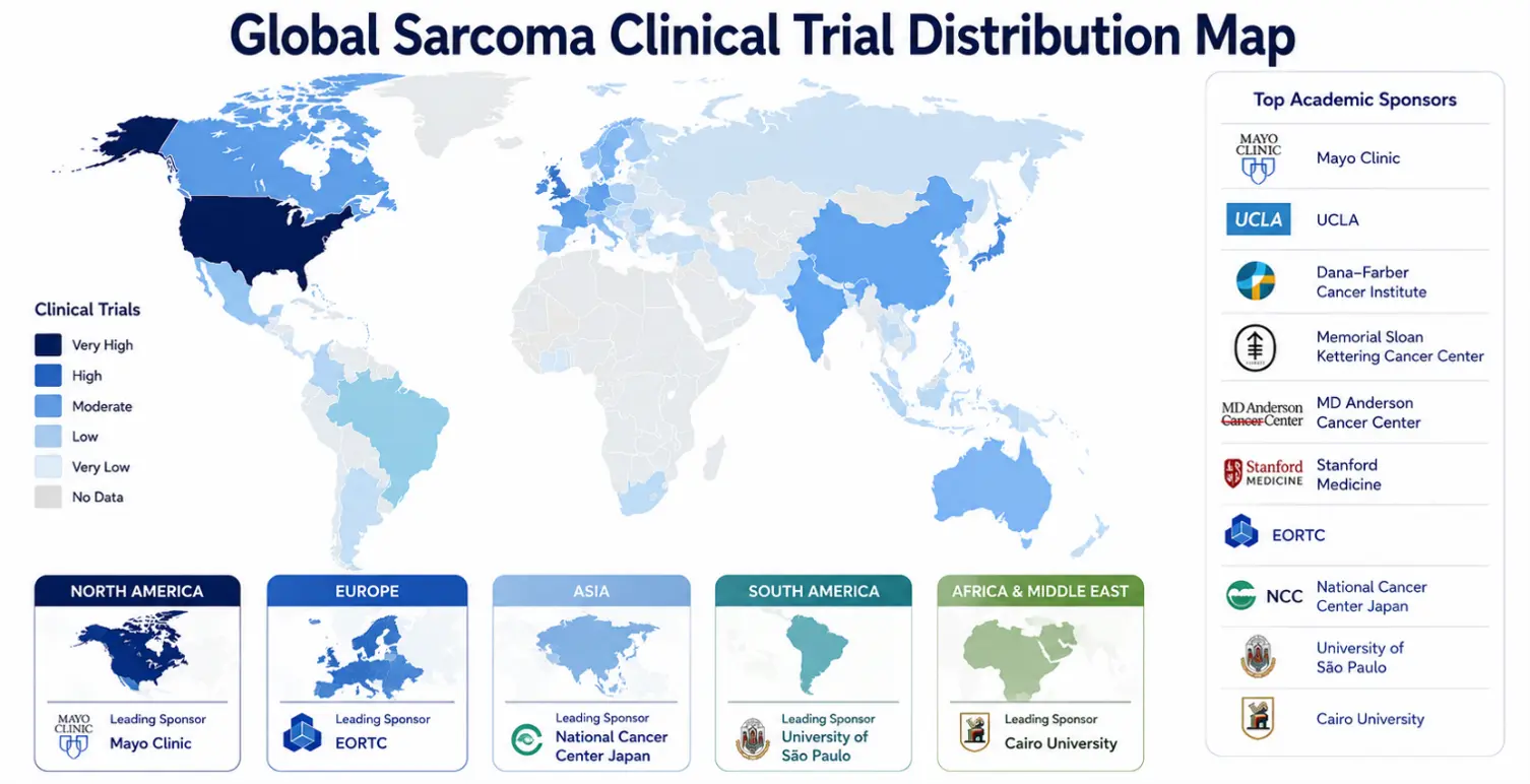 Global sarcoma clinical trial distribution map, showing trial density by country and leading academic sponsors