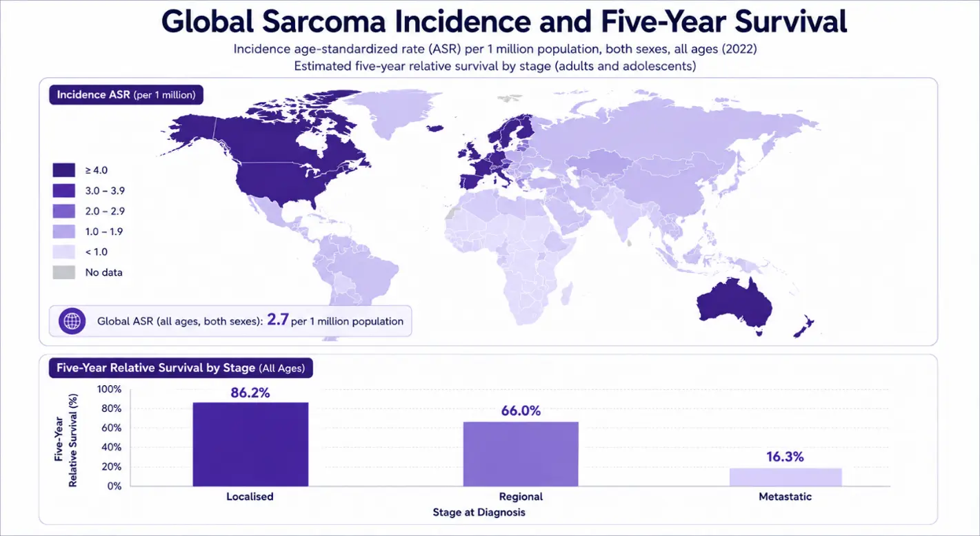 Global sarcoma incidence and five-year survival by disease stage, localised versus regional versus metastatic