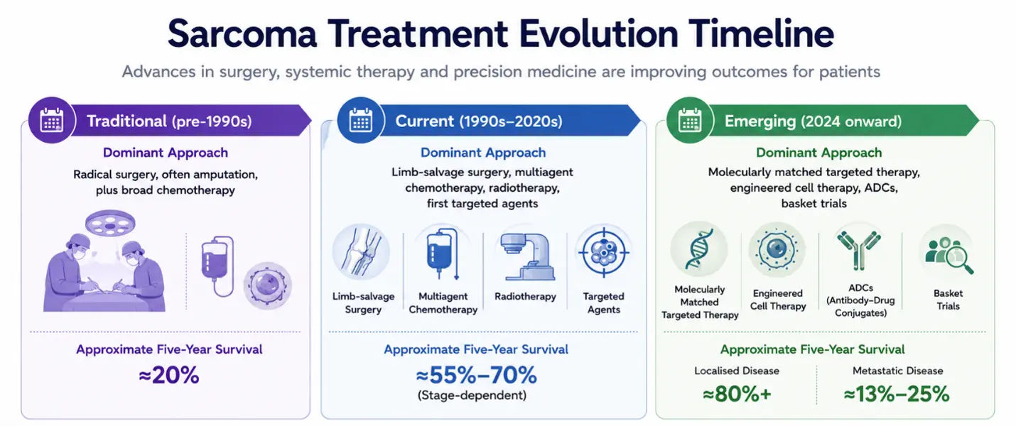 Sarcoma treatment evolution timeline, from radical surgery to genomically matched and cellular therapy